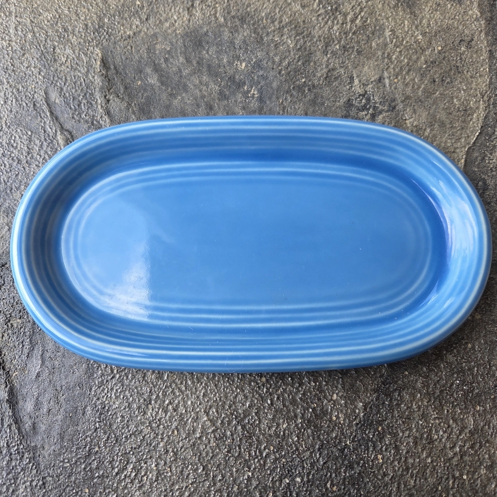 Vintage Carnivale Stoneware Blue Oval Butter Dish/ Spoon Rest /Trinket Holder